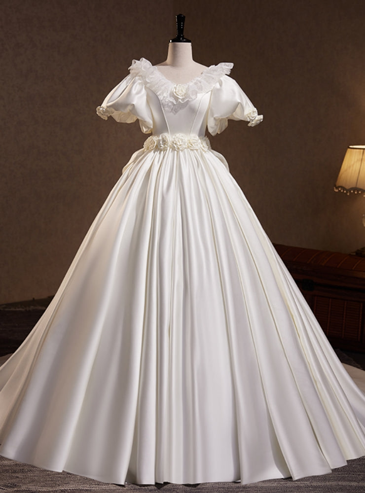 White Satin Puff Sleeve Flower Wedding Dress