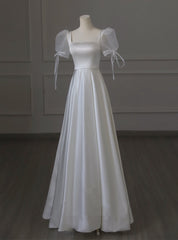 White Satin Square Puff Sleeve Pearls Wedding Dress