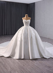 White Satin Strapless Sequins Wedding Dress