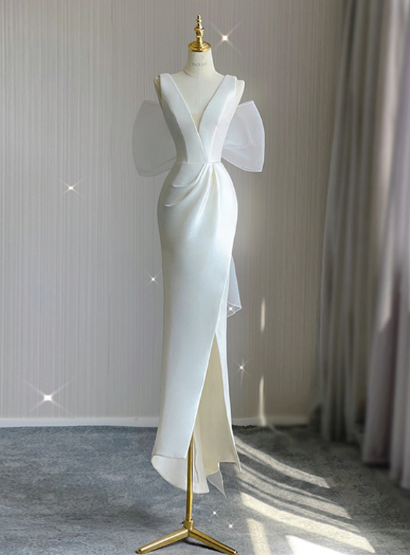 White Satin V-neck Split Wedding Dress