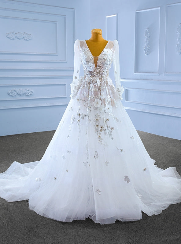 White See Through Tulle V-neck Long Sleeve Appliques Wedding Dress