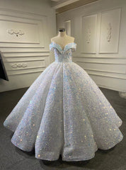 White Sequins Ball Gown Off the Shoulder Prom Dress