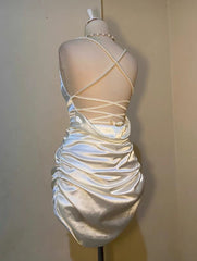 White Short Satin Sheath Birthday Dress Short Prom Dress