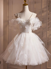 White Spaghetti Strap Tulle Flower Homecoming Dress