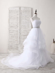 White Sweetheart Neck Tulle Long Prom Dress, White Formal Graduation Dress