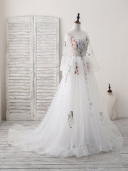 White Sweetheart Tulle Applique Long Prom Dress, White Evening Dress