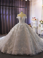 White Tulle 3D Appliques Beading Wedding Dress