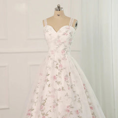 White Tulle and Floral Long Straps Formal Gown Beautiful White Party Dress prom dresses shops