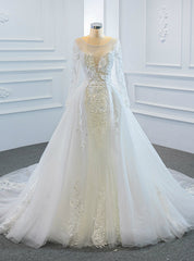 White Tulle Long Sleeve Beading Wedding Dress With Removable Train