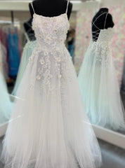 White Tulle Sequins Appliques Prom Dress