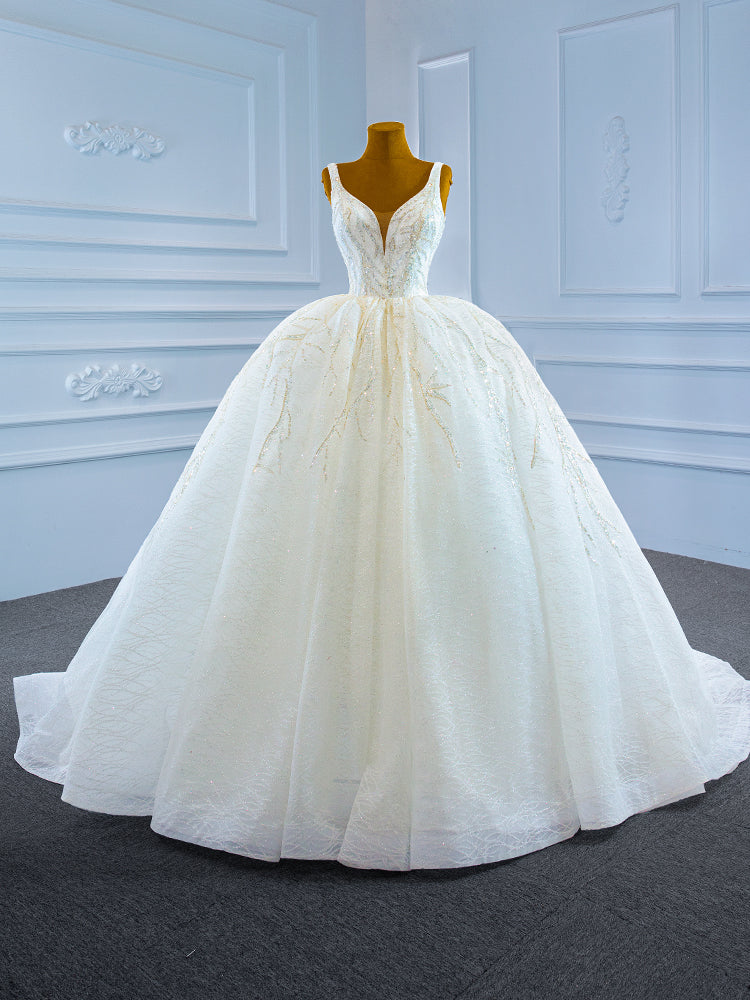 White Tulle Sequins Beading V-neck Wedding Dress