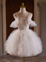 White Tulle Spaghetti Straps Appliques Homecoming Dress