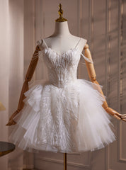 White Tulle Spaghetti Straps Beading Short Wedding Dress