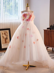 White Tulle Strapless Flower Prom Dress