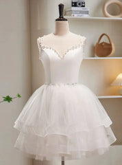 White Tulle Straps Pearls Backless Homecoming Dress