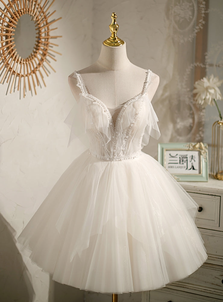 White Tulle Straps Pearls Homecoming Dress