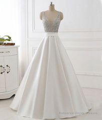 White v neck beads sequin long prom dress, white evening dress