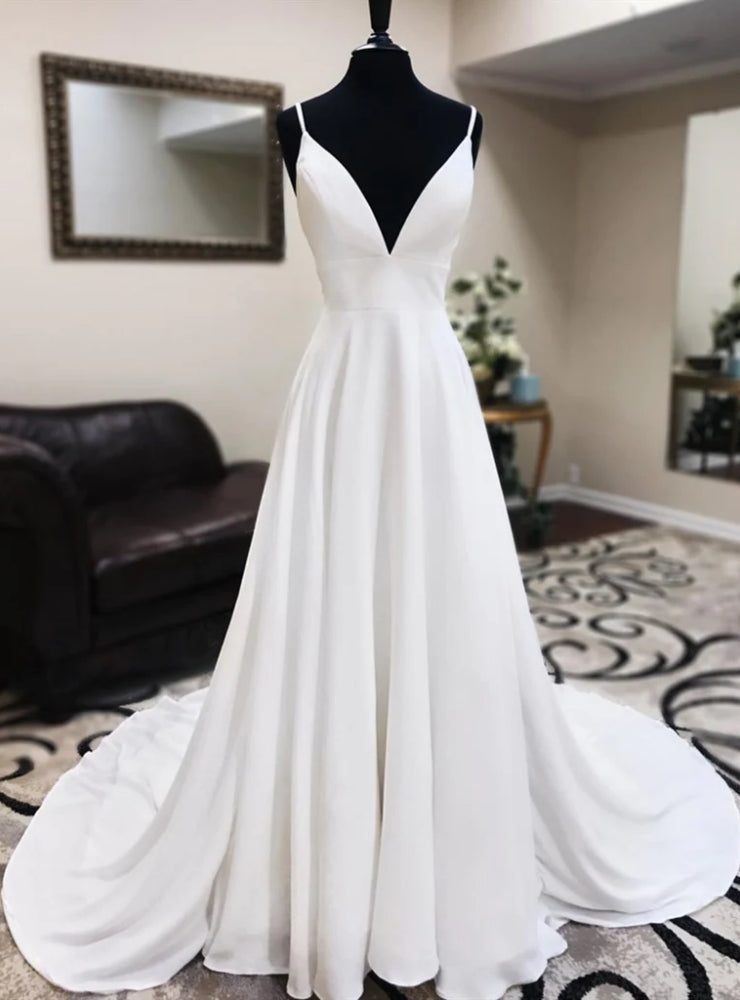 White V-neck Lace Backless Wedding Dress