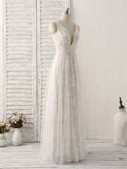 White V Neck Lace Long Prom Dress Backless Lace Evening Dress