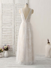 White V Neck Lace Long Prom Dress Backless Lace Evening Dress