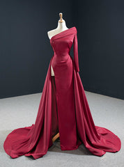 Will Be Available For Purchase Burgundy Mermaid Satin One Shoulder Long Sleeve Pleats Prom Dress