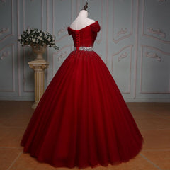 Wine Red Ball Gown Off Shoulder Beaded Party Dress, Tulle Off Shoulder Prom Dress