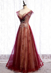 Wine Red Cap Sleeves Tulle with Lace Applique Party Dress, Wine Red Evening Dress Prom Dress