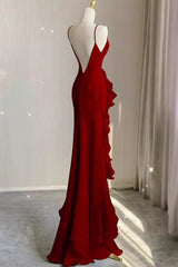 Wine Red Long Round Neckline Low Back, Wine Red Evening Dress Prom Dress