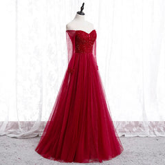 Wine Red Long Sleeves Beaded Tulle Evening Gown A-line Wine Red Long Prom Dress prom dresses shops