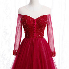 Wine Red Long Sleeves Beaded Tulle Evening Gown A-line Wine Red Long Prom Dress prom dresses shops