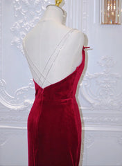 Wine Red Mermaid Straps Long Evening Dress, Wine Red Velvet Party Dress