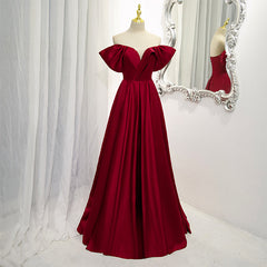 Wine Red Satin A-line Floor Length Party Dresses, Burgundy Long Formal Dresses