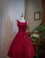 Wine Red Satin Tea Length Party Dress with Bow, Wine Red Wedding Party Dress