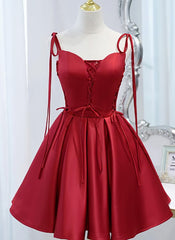 Wine Red Satin V-neckline Straps Beaded Short Prom Dress, Wine Red Party Dresses