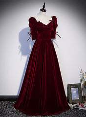 Wine Red Short Sleeves A-line Long Party Dress, Wine Red Bridesmaid Dress