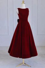 Wine Red Tea Length Velvet Party Dress with Bow, Burgundy Wedding Party Dresses