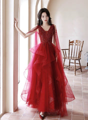 Wine Red Tulle and Beaded Long Formal Dress, Wine Red Floor Length Prom Dress