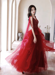 Wine Red Tulle and Beaded Long Formal Dress, Wine Red Floor Length Prom Dress