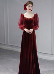 Wine Red Velvet Long Sleeves Floor Length Bridesmaid Dress, Wine Red Long Prom Dress