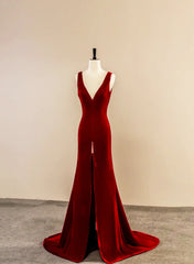 Wine Red Velvet V-neckline Long Party Dress, A-line Velvet Evening Dress with Slit