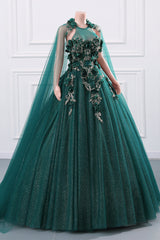 Womens Beaded Applique Tulle Emerald Green Prom Ball Gowns Quinceanera Dress A-Line Wedding Bridesmaid Eveniing Dresses