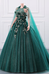 Womens Beaded Applique Tulle Emerald Green Prom Ball Gowns Quinceanera Dress A-Line Wedding Bridesmaid Eveniing Dresses