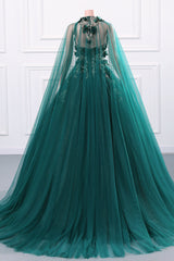 Womens Beaded Applique Tulle Emerald Green Prom Ball Gowns Quinceanera Dress A-Line Wedding Bridesmaid Eveniing Dresses