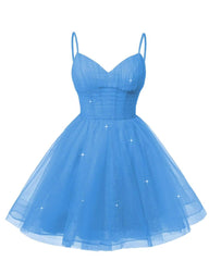 Womens V Neck Tulle Spaghetti Straps Blue Homecoming Dresses with Corset Back Short Prom Gowns for Teens