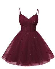 Womens V Neck Tulle Spaghetti Straps Burgundy Homecoming Dresses with Corset Back Short Prom Gowns for Teens