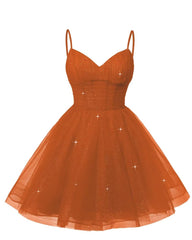 Womens V Neck Tulle Spaghetti Straps Burnt Orange Homecoming Dresses with Corset Back Short Prom Gowns for Teens