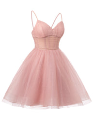 Womens V Neck Tulle Spaghetti Straps Pink Homecoming Dresses with Corset Back Short Prom Gowns for Teens