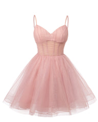 Womens V Neck Tulle Spaghetti Straps Blush Pink Homecoming Dresses with Corset Back Short Prom Gowns for Teens