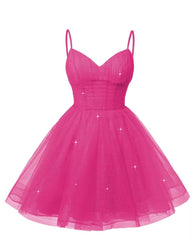 Womens V Neck Tulle Spaghetti Straps Hot Pink Homecoming Dresses with Corset Back Short Prom Gowns for Teens