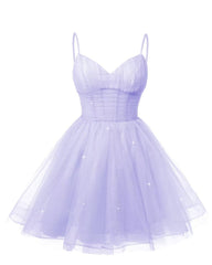 Womens V Neck Tulle Spaghetti Straps Lilac Homecoming Dresses with Corset Back Short Prom Gowns for Teens